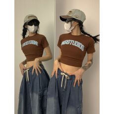 批发已出货 罗纹 复古辣妹上衣露脐咖色<b class='q'>短袖</b>短款t恤