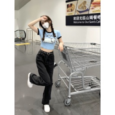 批发已出货 罗纹 复古修身蓝色<b class='q'>短袖</b>短款甜辣上衣ins