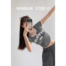 批发已出货 罗纹 复古印花夏季圆领露脐短款撞色<b class='q'>短袖</b>