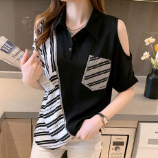 批发已出货 烫钻polo领条纹<b class='q'>雪纺</b>衬衫<b class='q'>短袖</b><b class='q'>T</b><b class='q'>恤</b>女夏季宽松露肩上衣衬衣