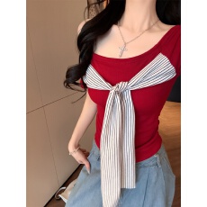 批发已出货 自带胸垫春款小衫<b class='q'>海军风</b>绑带上衣短袖T恤女辣妹风休闲T恤