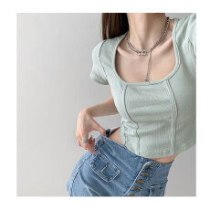 批发已出货 罗纹 复古立体鱼骨线条打底衫方领T恤露脐短款上衣