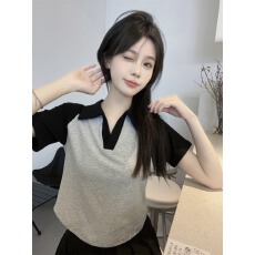 批发已出货 纯棉 polo领短袖修身显瘦撞色短款辣妹<b class='q'>上衣</b>