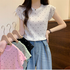 批发已出货 小飞袖坎肩冰丝T恤女短袖薄款夏装洋气波点印花<b class='q'>短款</b><b class='q'>针织衫</b>