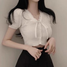 批发已出货 夏季甜美气质花边V领系带修身百搭<b class='q'>短款</b>冰丝<b class='q'>针织衫</b>上衣女