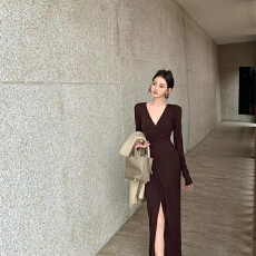 批发已出货法式纯欲v领扭结<b class='q'>长袖</b><b class='q'>连衣裙</b>女修身开叉长裙气质收腰显瘦包