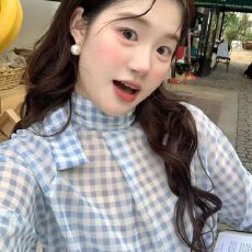 批发已出货韩版百搭蓝白格子高领衬衫显瘦百长袖衬衫女蝴蝶结打底
