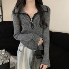 批发已出货高级感撞色半拉链翻领毛衣女春秋新款内搭打底修身<b class='q'>显瘦</b>针
