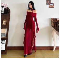 批发已出货<b class='q'>欧美风</b>一字肩长袖不规则荷叶边蛋糕裙红色生日party拍