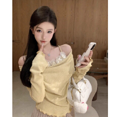 已出货纯欲立体花朵拼接假两件荡领女春秋季绝美一字肩修身内搭