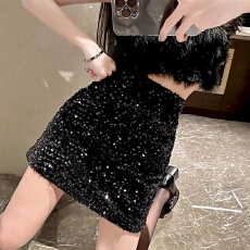 批发已出货亮片<b class='q'>半身裙</b>设计小众半裙高腰黑色短裙a字辣妹包臀裙