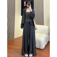 批发已出货秋冬穿搭一整套女2026新款条纹慵懒吊带背心开衫<b class='q'>显瘦</b>阔腿<b class='q'>裤</b>