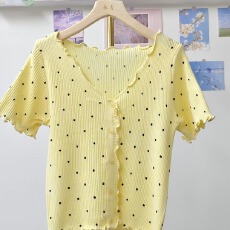 批发韩版v领波点短袖针织衫女2025年夏季新款修身显瘦百搭上衣开衫