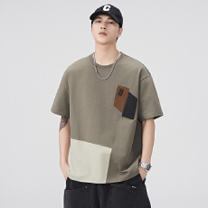 批发夏季设计感拼色时尚纯棉短袖T恤男宽松百搭港风气质半袖休闲上衣