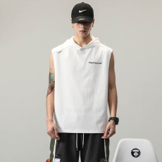 批发黑白连帽背心男夏季无袖T恤纯棉宽松运动坎肩薄款ins潮流健身国潮