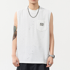 批发美式高街舒适透气无袖破洞背心男T