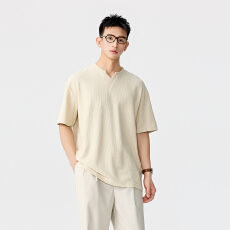 批发男士竖条肌理感打底衫男款v领短袖t恤【含税价格:49.7】