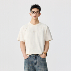 批发双面插肩袖T恤仿水洗做旧复古弹力压印字母短袖【含税价格48.5】