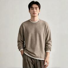 批发可二开#桑蚕丝舒适假两件轻奢高端长袖T恤男士秋季