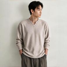 批发美式休闲小V领卫衣男士2026秋季新款宽松简约慵懒感长袖卫衣