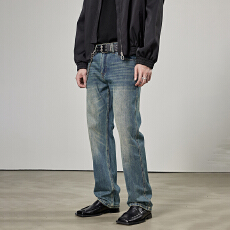 批发2025新款男款复古美式高街牛仔裤修身直筒水洗做旧春夏款男生长裤