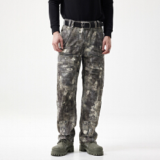 批发2026美式户外迷彩绿日常休闲长裤做旧百搭对称拉链褶皱直筒牛仔裤