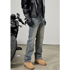 批发2025新款男款复古美式高街牛仔裤修身直筒水洗做旧四季款男生长裤