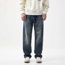 2025美式休闲复古牛仔裤男潮流做旧高街裤子百搭款直筒宽松阔腿裤