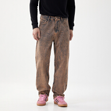 批发2025年秋冬夏季美式复古做旧阔腿牛仔裤男士宽松直筒垂感扎染长裤