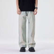 批发设计感小众牛仔裤男三条杠浅蓝色高端美式高街宽松直筒拉链裤子男