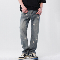 批发夏季美式星星牛仔裤男2025新款宽松直筒男裤潮牌水洗阔腿裤子男款
