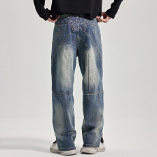批发重磅牛仔裤男原创潮牌美式高街高端设计感阔腿拼接机车水洗直筒裤