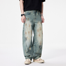 批发弯刀阔腿牛仔裤男款涂鸦复古高端宽松休闲美式高街2025新款潮牌裤