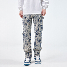 批发美式复古青花瓷提花牛仔裤男潮牌水洗耐磨小众长裤大码宽松牛仔裤