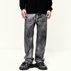 批发美式高街潮牌<b class='q'>嘻哈</b>烫金银色阔腿牛仔裤男士宽松直筒垂感小众设计感