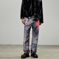 批发美式高街腰果花牛仔裤男春秋潮牌宽松个性设计感欧美<b class='q'>嘻哈</b>直筒裤子