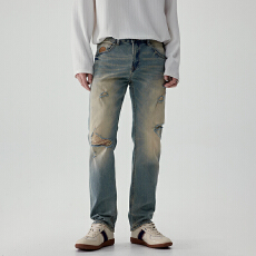 批发美式高街破洞刺绣牛仔裤男潮牌修身直筒裤复古做旧水洗休闲长裤子