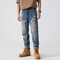 批发破洞牛仔裤男2024新款夏季超薄宽松帅气<b class='q'>嘻哈</b>潮流柔软休闲复古长裤