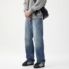 批发2025年泼墨渐变设计破洞<b class='q'>牛仔裤</b><b class='q'>男</b>新款春秋季宽松大直筒哈伦裤<b class='q'>男</b>生