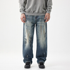 批发美式高街复古泼墨阔腿<b class='q'>牛仔裤</b><b class='q'>男</b>士直筒垂感潮流显高慵懒风个性