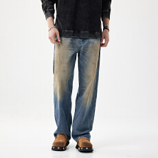 批发美式休闲复古做旧设计感阔腿<b class='q'>牛仔裤</b><b class='q'>男</b>士宽松直筒垂感潮流秋冬厚款