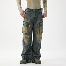 批发重磅美式多口袋做旧拉链机能直筒牛仔裤男士宽松机车裤子2025重工