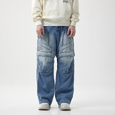 批发复古美式高街<b class='q'>牛仔裤</b>男士多口袋拼接工装脏脏裤可拆卸宽松直筒裤子