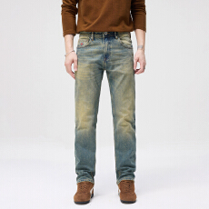 批发美式高街潮牌男生痞帅牛仔裤男士宽松直筒黄泥色潮流小众个性<b class='q'>裤子</b>