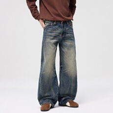 2025年新潮牌美式复古水洗竹节牛仔裤男宽松做旧弯刀秋冬长裤