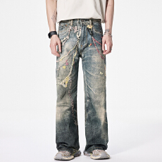 2026年明星同款3D数码印花糖果链条牛仔裤美式高街宽松阔腿裤