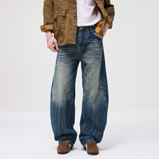 批发2026复古猫须水洗做旧<b class='q'>牛仔裤</b>男女潮牌百搭宽松休闲阔腿拖地裤