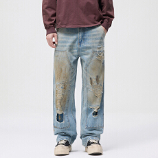 批发巨显腿长高端潮牌牛仔裤男款直筒美式高街脏脏复古假破洞秋冬长裤