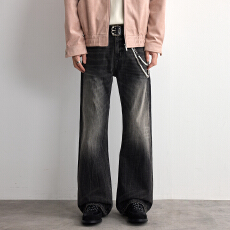 2026新款闪电纹水洗黑色牛仔裤男春季美式潮牌痞帅宽松直筒长裤子
