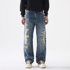 批发美式巴黎风复古迷彩假破洞伐木工装牛仔裤泼墨重工水洗<b class='q'>男士</b>长<b class='q'>裤子</b>